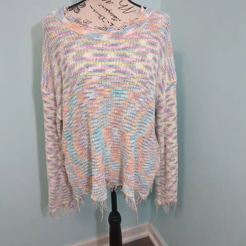 Pol sweater ribbon yarn raw edge small rainbow pastel oversized